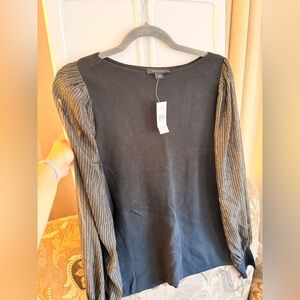 Ann Taylor Black Blouse knit with Gold Striped see thru Sleeves